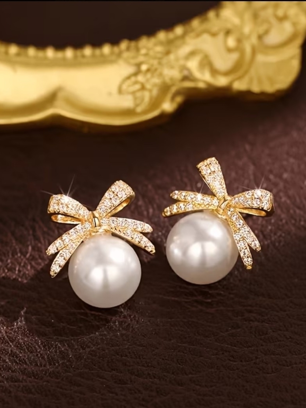 Anthropologie Gold Bow Pearl Stud Earrings